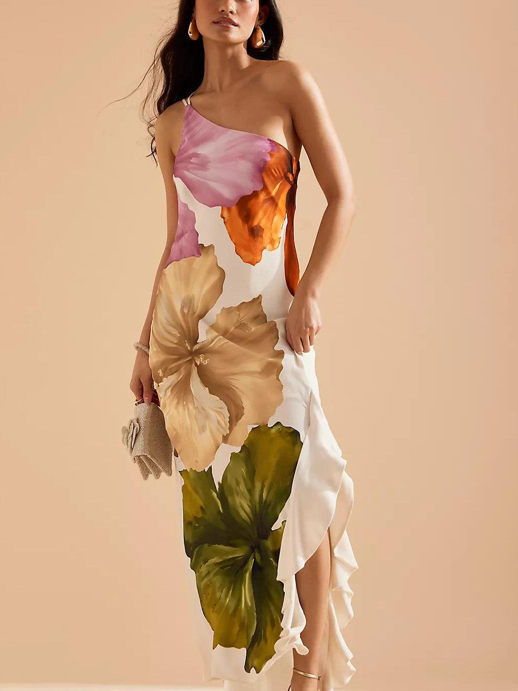 Kira | Resort Vibes Elegantes Floral Print One-Shoulder Maxikleid
