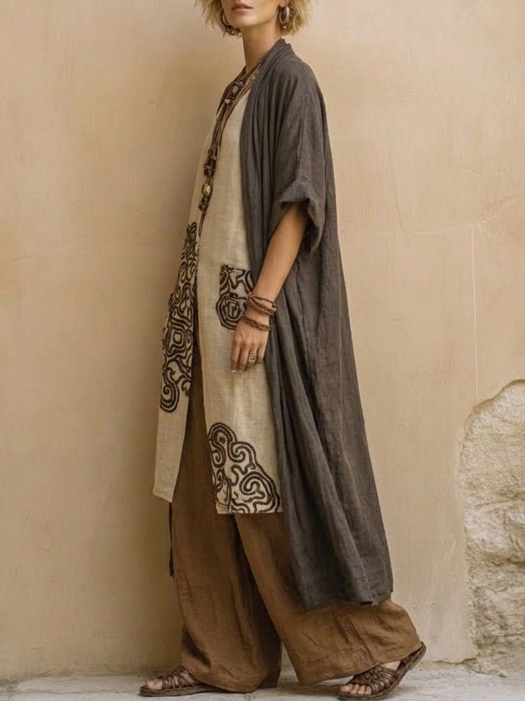 Sophie | Dunkelgrau &amp; Braun Tribal-Print Drei-Teile-Set